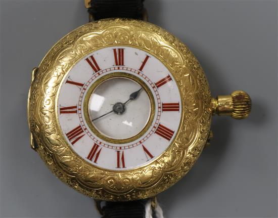 A late 19th century continental 18ct gold wrist watch (converted fob watch?).